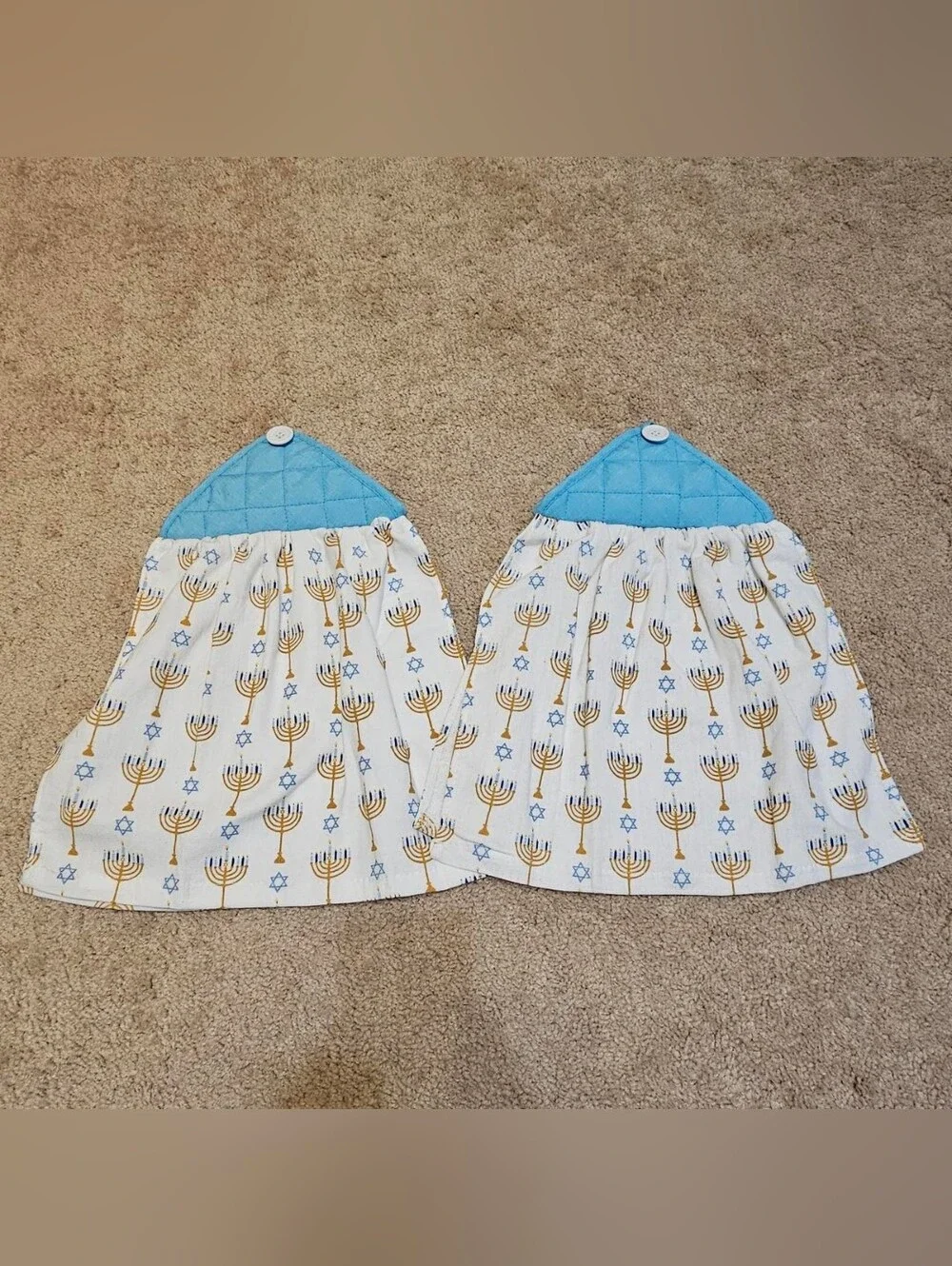 2 Handcrafted Potholders Attached To Towels | Blue, White + Gold | Jewish